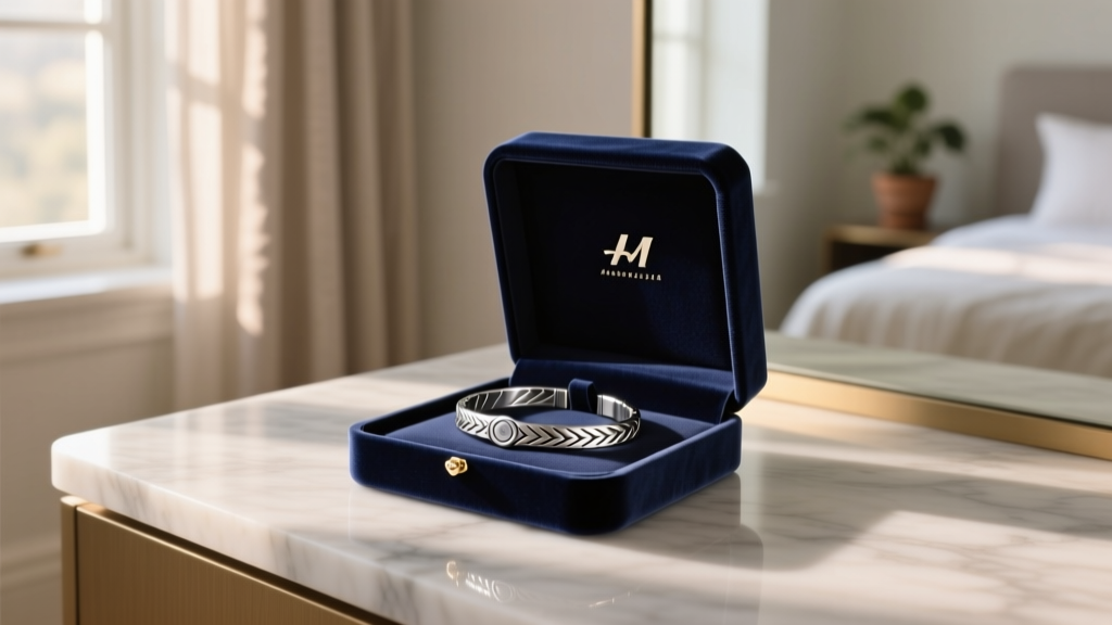 Open velvet gift box on marble vanity showing a polished titanium tennis bracelet, soft morning light highlighting the metal grain