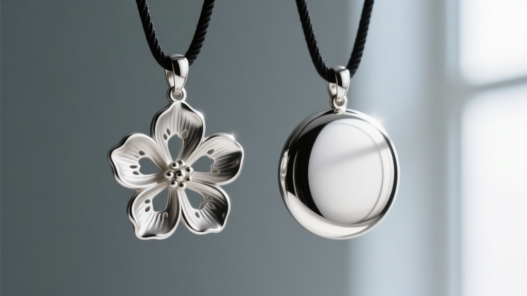 Side profile of a hollow-cast silver flower pendant showing a dented petal, contrasted with a thick solid-cast version next to it.