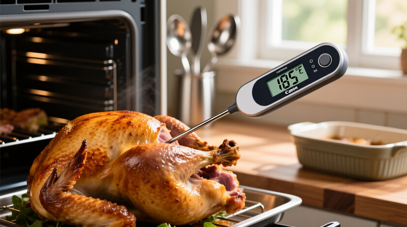 Digital food thermometer checking turkey temperature in kitchen