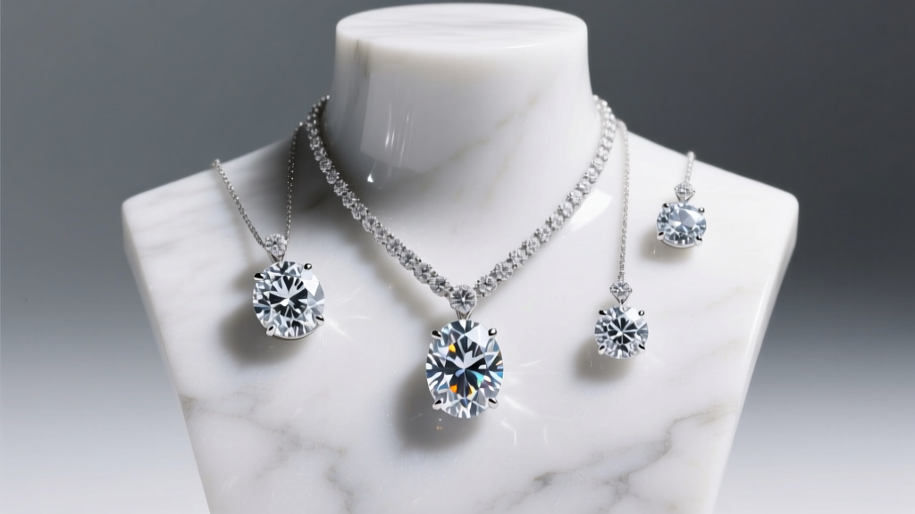 Round, oval, and princess diamond pendants displayed on a minimalist marble bust under soft, diffused studio lighting for jewelry
