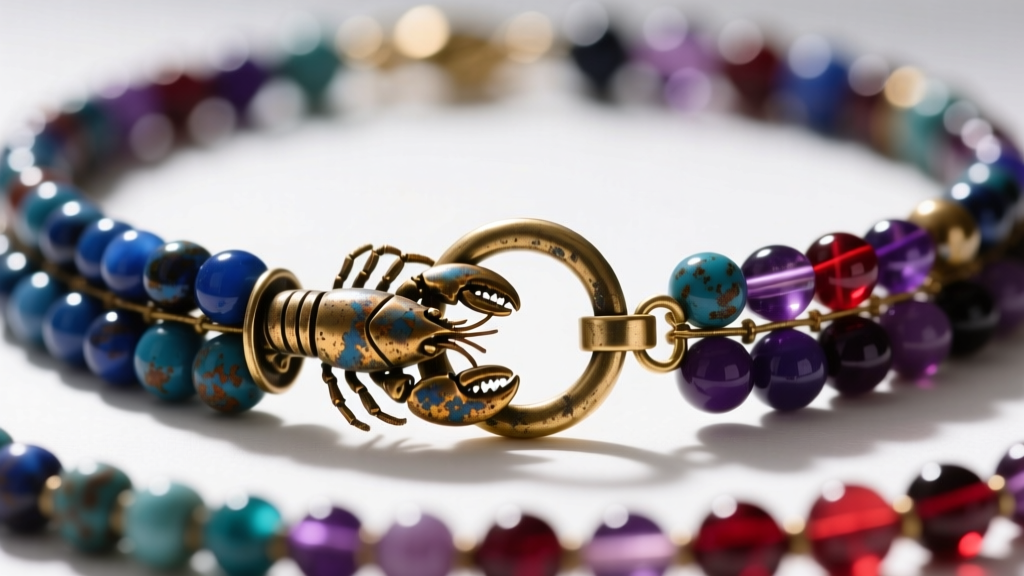 Macro shot of a tarnished brass lobster clasp and oxidized jump ring on a heavy beaded necklace under a bright jeweler's lamp.