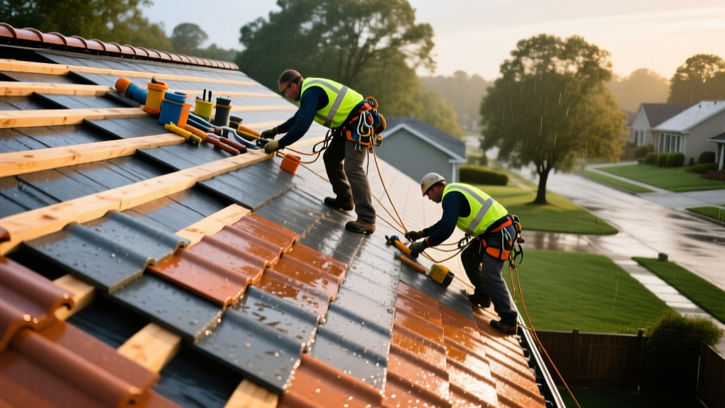 Roofers installing interlocking concrete tile roof material over wooden battens and synthetic underlayment on a steep residential roof