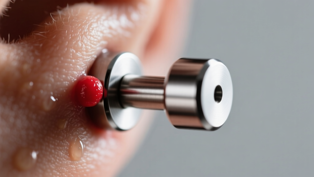 Macro shot of an irritated forward helix piercing with a red bump next to a titanium flat back labret, soft clinical lighting
