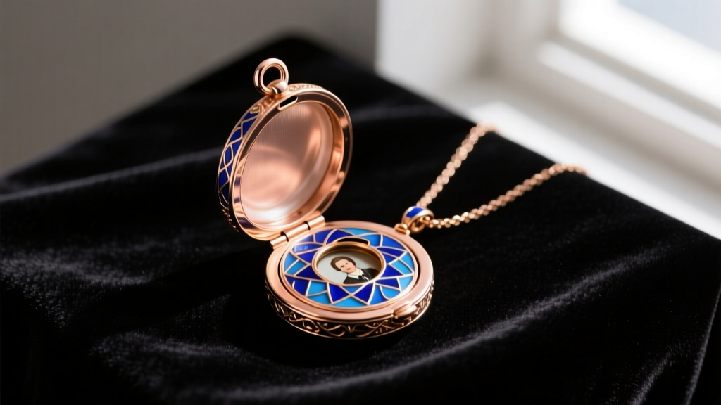 18k rose gold locket necklace with blue guilloché enamel, opened to show a hidden compartment, resting on dark velvet fabric.