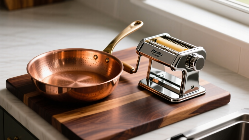 Overhead view of polished Mauviel copper polenta pan and Marcato Atlas 150 pasta maker resting on dark walnut butcher block countertop