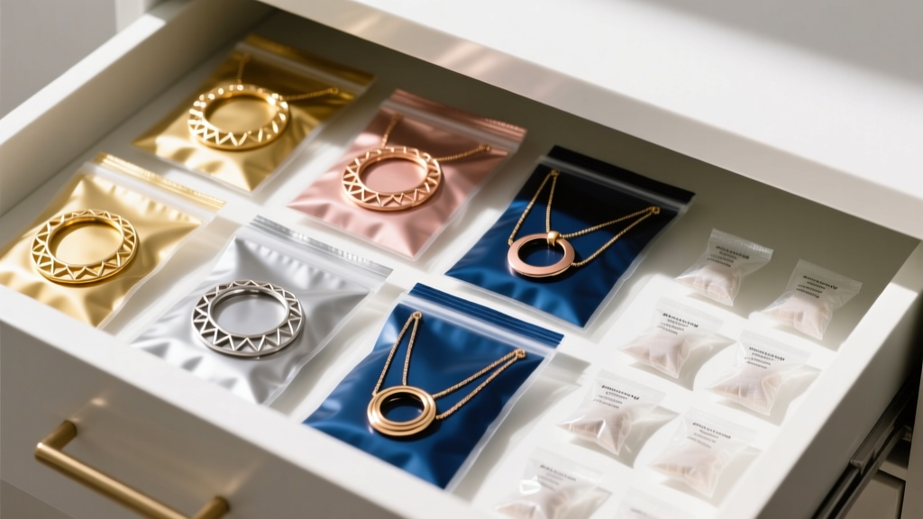 Organized jewelry drawer showing sealed anti-tarnish pouches containing layered circle necklaces next to small silica gel packets