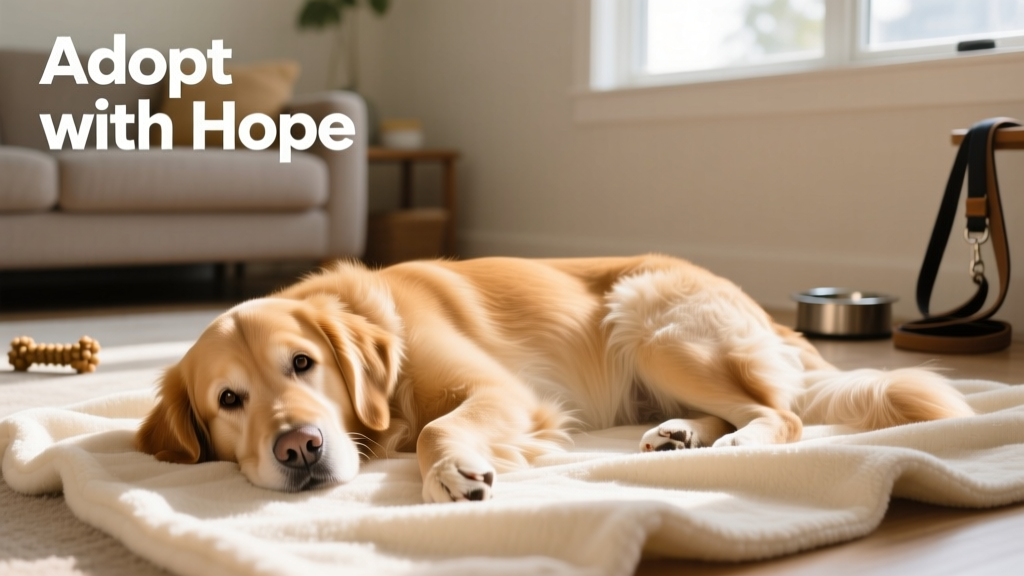 A gentle, calm dog resting on a soft blanket indoors, looking healthy and content