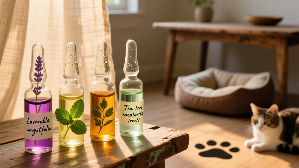 Close-up of glass vials containing various essential oils labeled with botanical names