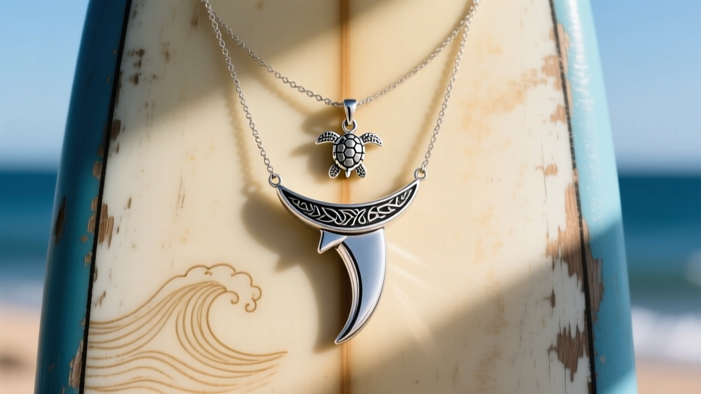 Sterling silver shark tooth necklace layered with a small sea turtle pendant against a faded vintage surfboard background.