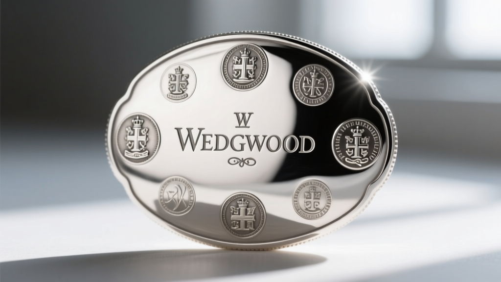 Macro shot of a sterling silver Wedgwood cameo back, highlighting the impressed WEDGWOOD mark and English silver hallmarks.