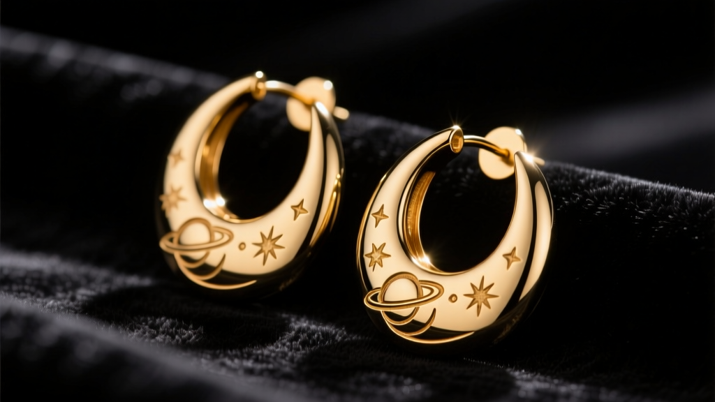 Polished brass Vegito Potara earrings on black velvet, illuminated by dramatic studio lighting for a detailed cosplay display.