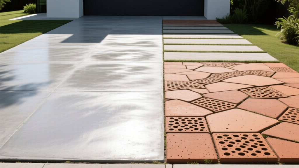 Split-view of a smooth broom-finish poured concrete driveway beside interlocking permeable clay pavers under bright sunlight