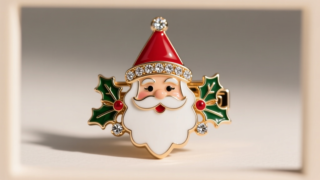 Macro shot of a vintage Santa Claus clip-on earring showing intricate red and white enamel detailing and small rhinestone accents