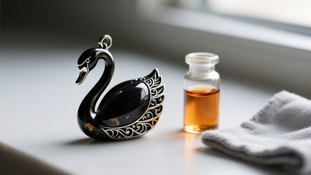 Macro shot of faded black rhodium swan pendant next to a small glass vial of liver of sulfur solution and a soft microfiber cloth