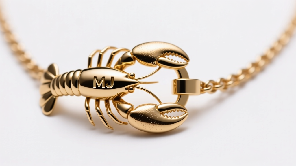 Macro shot of a lobster clasp on a Marc Jacobs necklace showing the crisp MJ logo stamp and gold-tone plating against white.