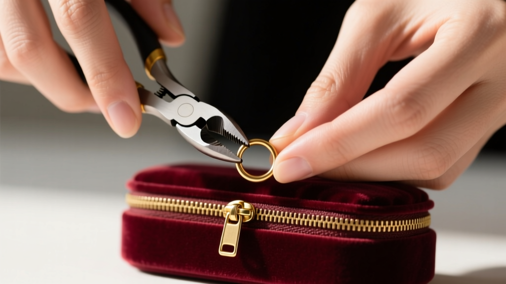 Macro shot of hands using split ring pliers to open a 2mm brass jump ring attached to a velvet jewelry box zipper pull tab