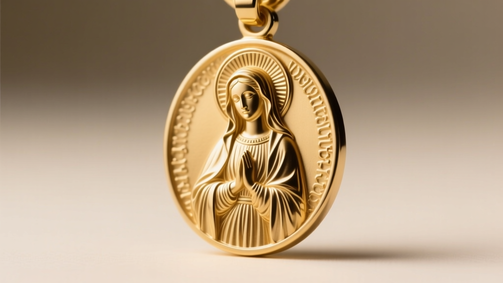 Macro shot of a 14k gold scapular medal showing high-relief engraving of the Virgin Mary, lit by soft directional studio lighting