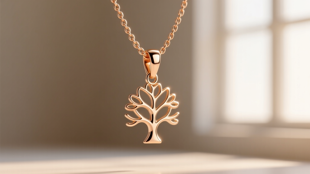 1.5mm 14k rose gold box chain threaded through a tree pendant bail, highlighting a secure lobster clasp in soft natural lighting.