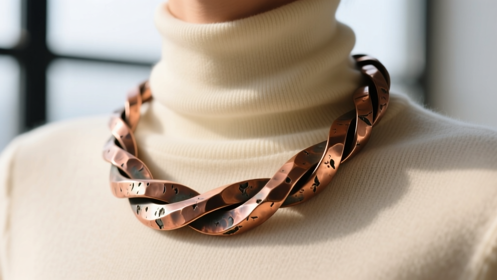 Close-up of a 12-gauge hand-hammered vintage copper torque necklace worn over a cream cashmere turtleneck in soft natural light