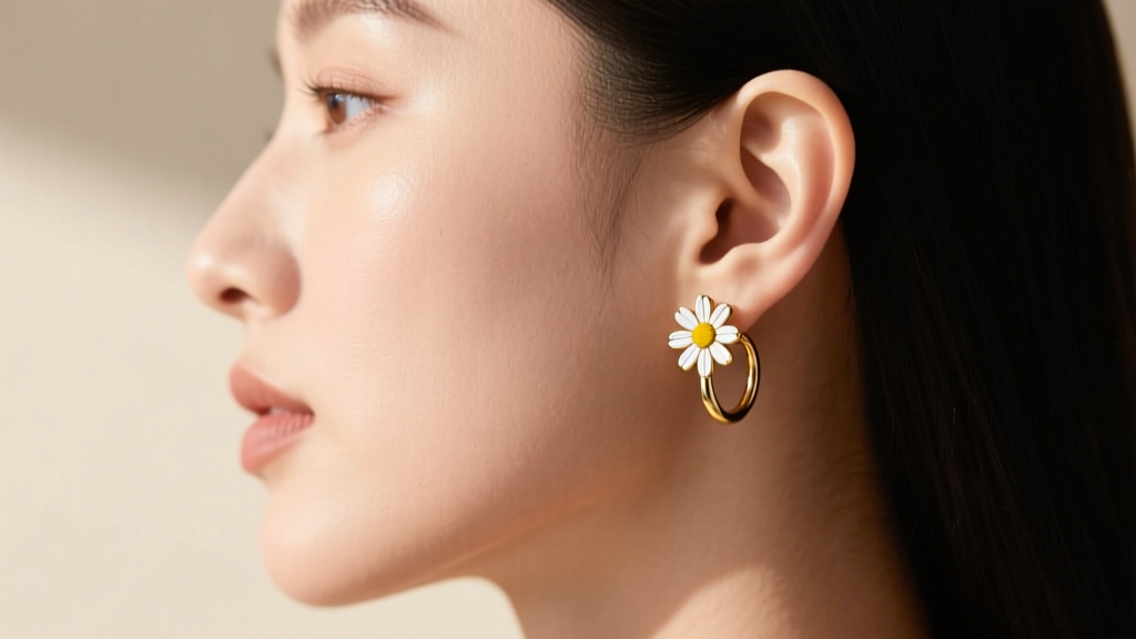Side profile showing a 6mm daisy earrings stud placed in the upper helix cartilage, paired with a seamless gold hoop in the lobe.