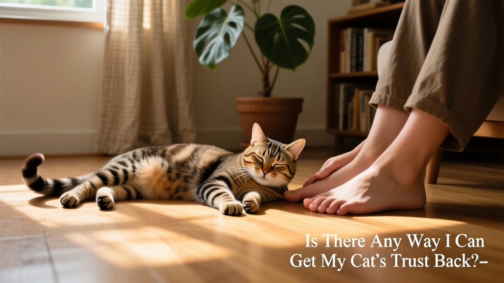 A relaxed cat lying on its side near a person’s feet, eyes half-closed, tail curled gently—showing deep comfort and safety