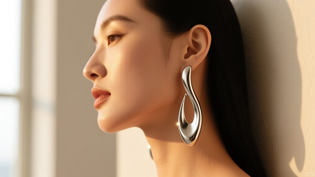 Side profile of a woman wearing large sculptural silver drop earrings, showing polished metal reflections against warm skin tones.