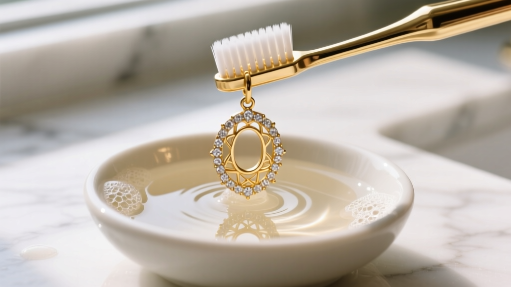 Soft toothbrush gently scrubbing the underside of an 18k gold Dorsey Lucien earring setting in a small bowl of warm soapy water.