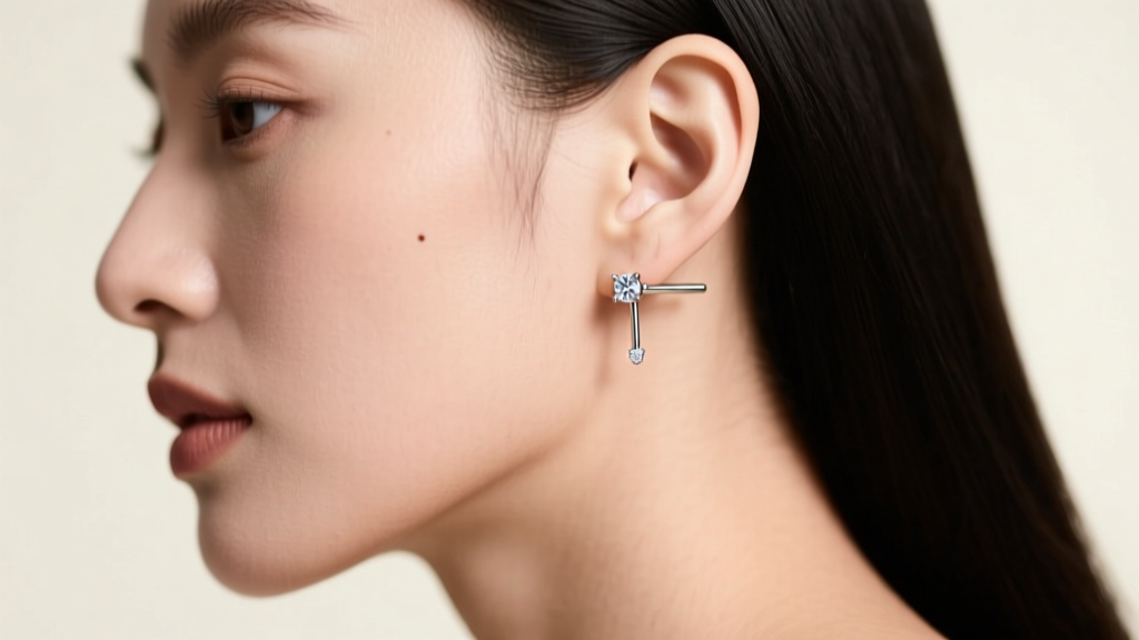 Side profile of a model wearing a diamond earring crawler, showing the exact angle of the post through the lower earlobe tissue.
