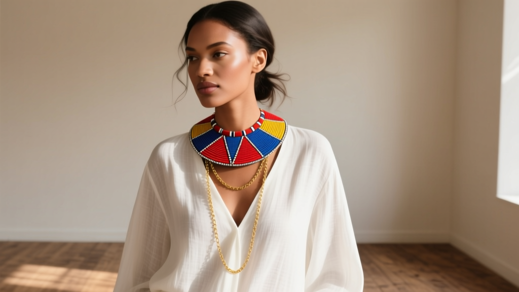 Woman in white linen V-neck blouse layered with a bold Maasai collar necklace and delicate gold chains in natural sunlight.