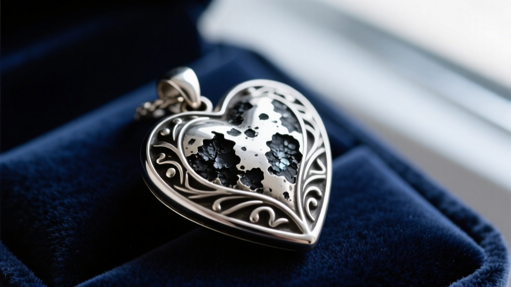 Macro shot of a tarnished sterling silver heart pendant on velvet, showing black silver sulfide buildup in the engraved grooves