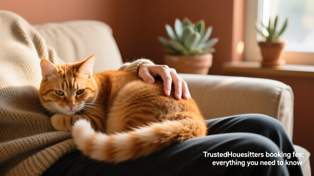 A relaxed ginger cat curled up on a person's lap, illustrating trust and comfort between pets and caregivers