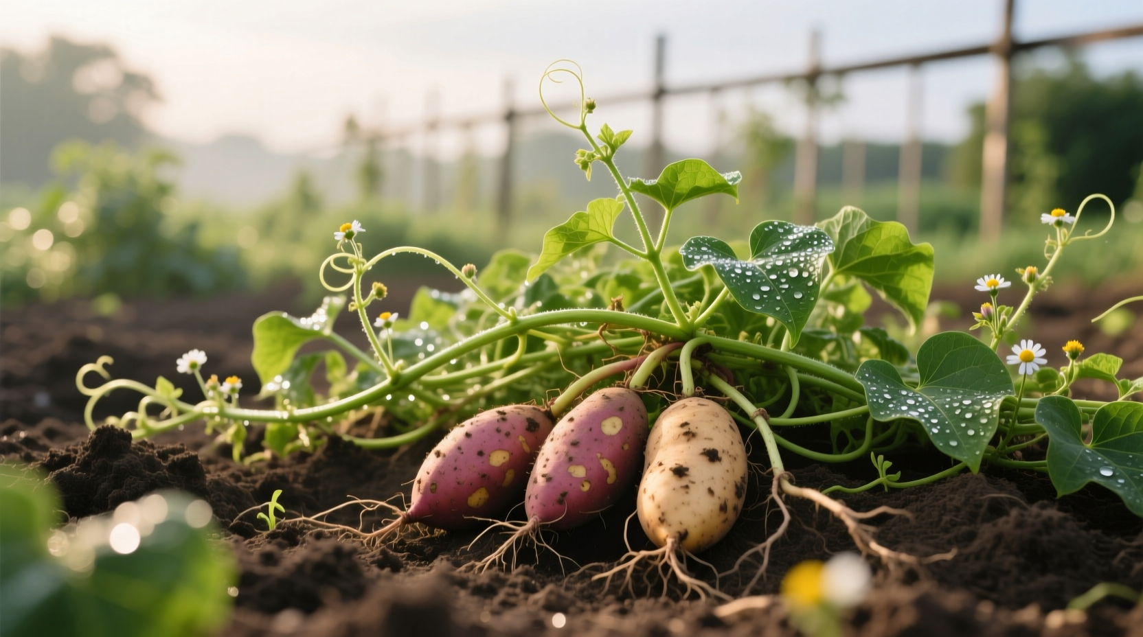 Organic sweet potatoes growing in garden soil with green vines