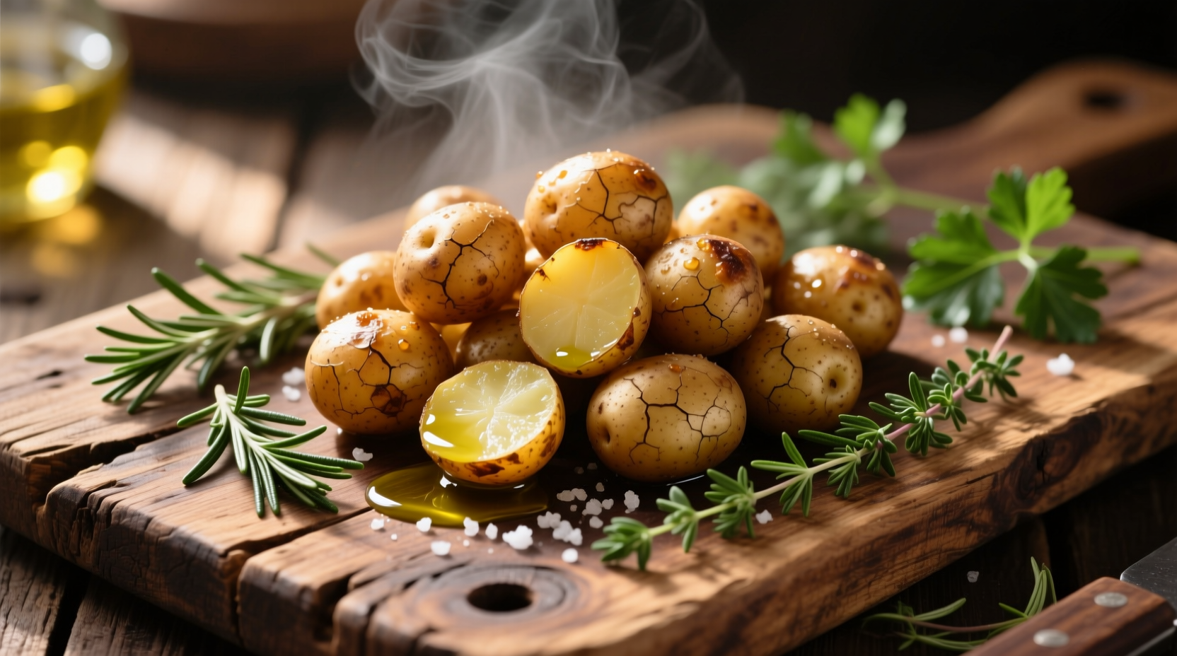Roasted baby potatoes with fresh herbs on wooden board
