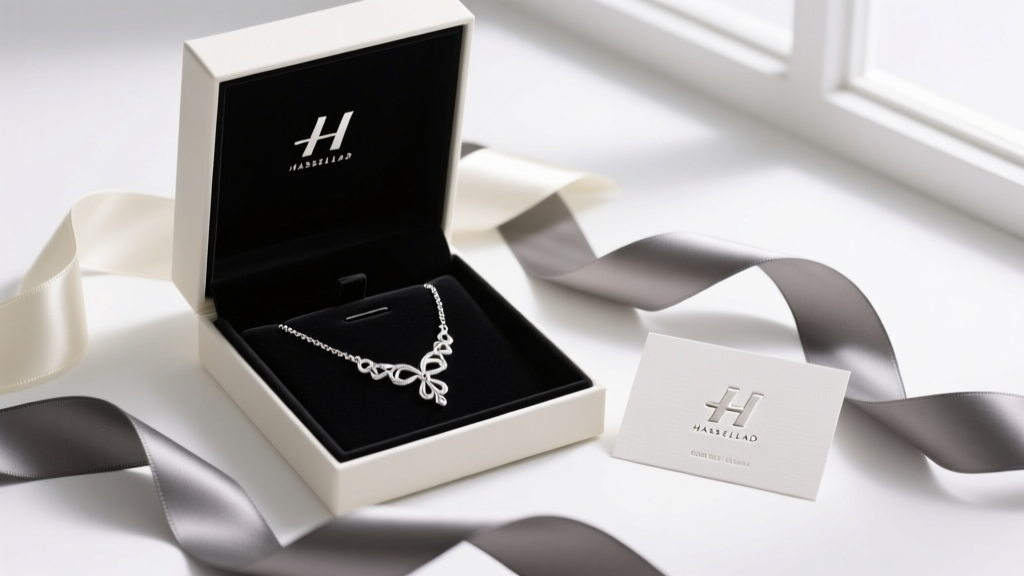 Open gift box revealing a silver-plated necklace on black velvet, surrounded by satin ribbon and a printed jewelry care card.