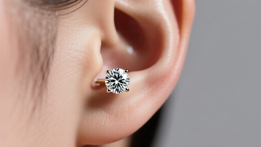 Close-up of an earlobe wearing a 2-carat round brilliant diamond stud in a white gold martini setting under soft studio lighting.