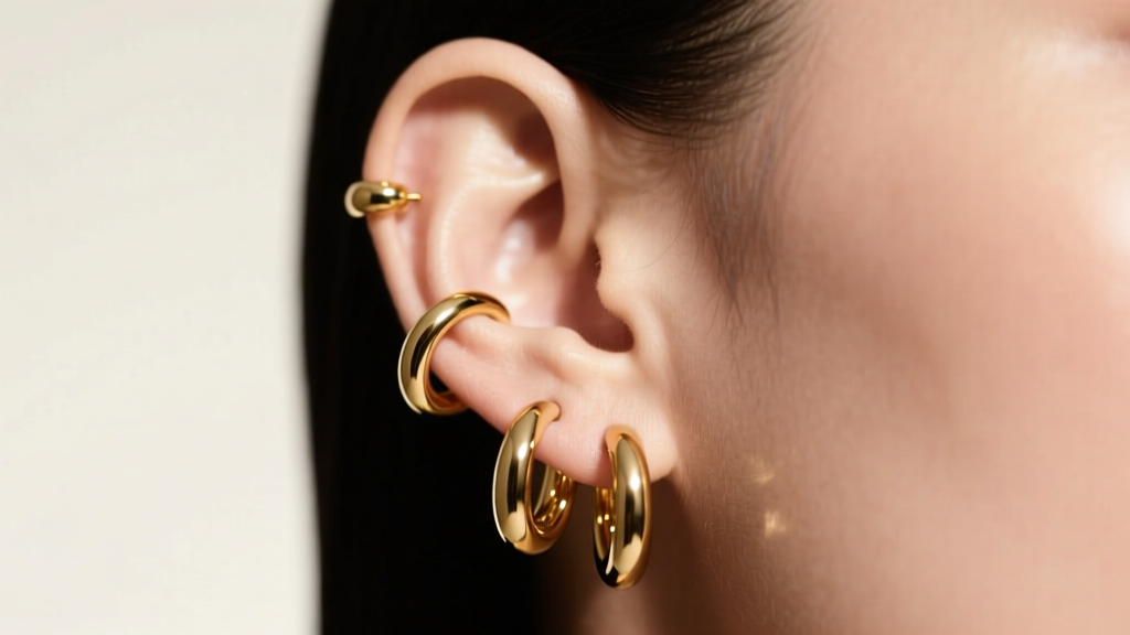 Side profile of an ear wearing three gold multiple hoop earrings in lobe and helix piercings under soft studio lighting.