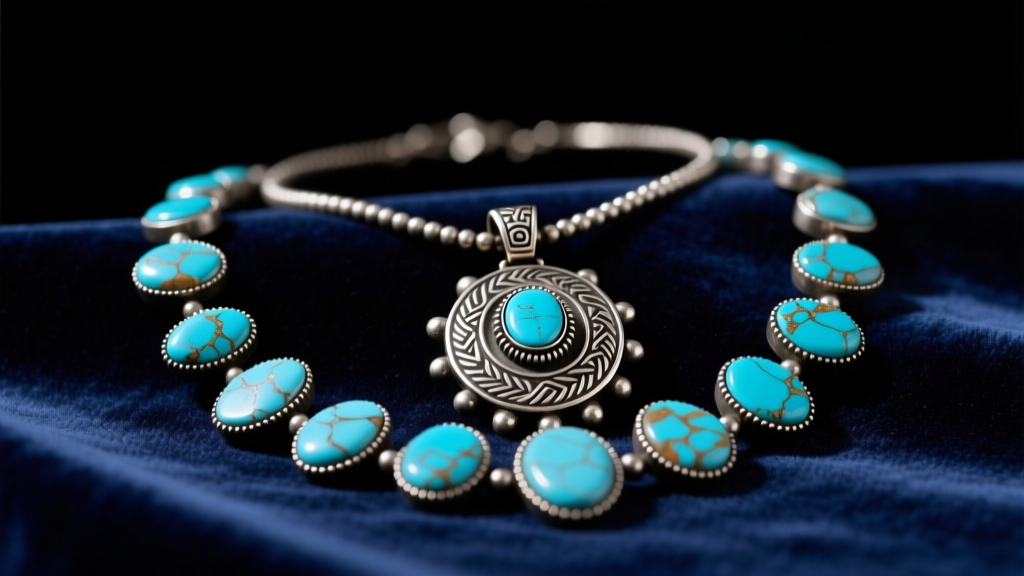 Vintage Navajo squash blossom necklace on dark velvet, highlighting the silver Naja pendant and natural blue turquoise cabochons.