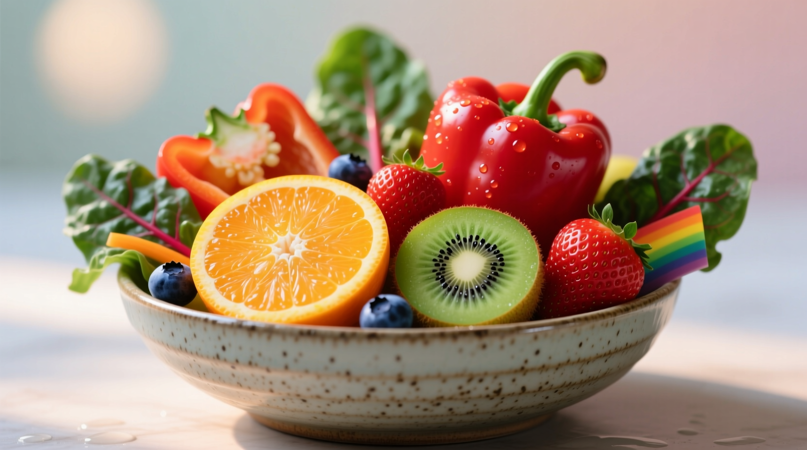 Colorful vitamin C rich foods arranged in a bowl