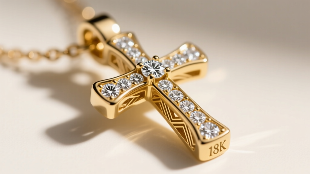 Macro shot of a luxury diamond cross pendant clasp, showing the 18k gold hallmark and precision laser engraving on the metal