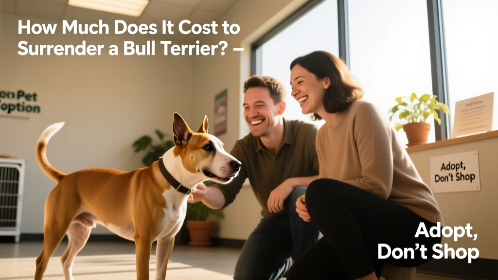 Two people smiling as they meet a Bull Terrier during a friendly, supervised meet-and-greet