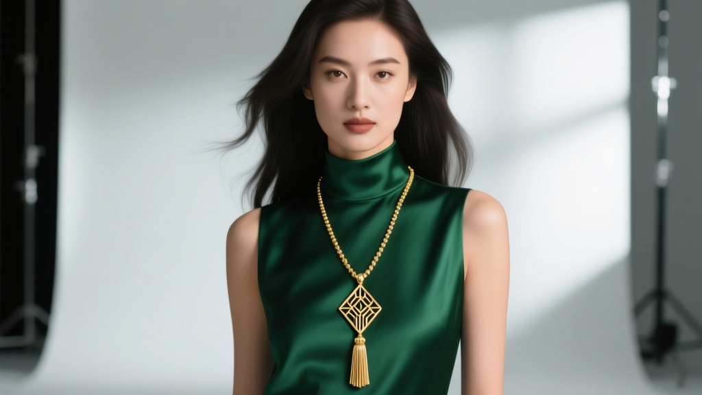 Elegant woman wearing a long 18k gold sautoir necklace with an Art Deco tassel pendant over a silk dress, soft studio lighting.