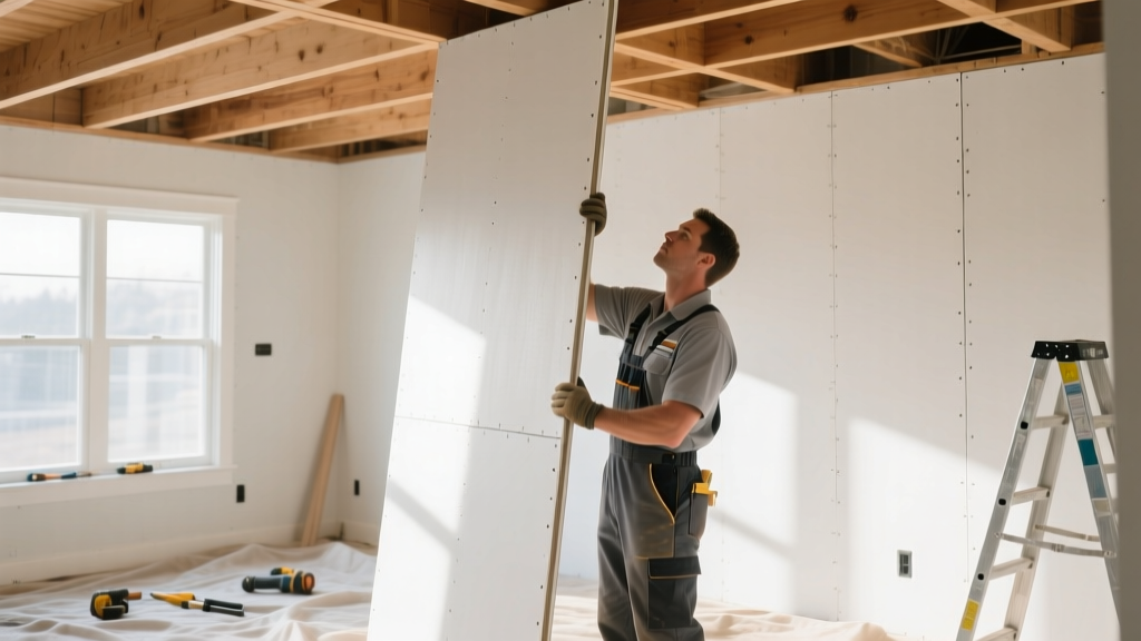 Worker lifting a 4x8 ultralight gypsum board sheet onto ceiling joists in a brightly lit residential renovation site