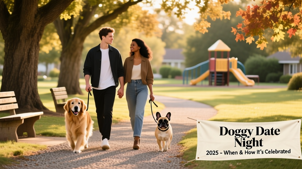Two people walking their dogs side-by-side along a sunlit park path, leashes gently held, with trees and benches in the background