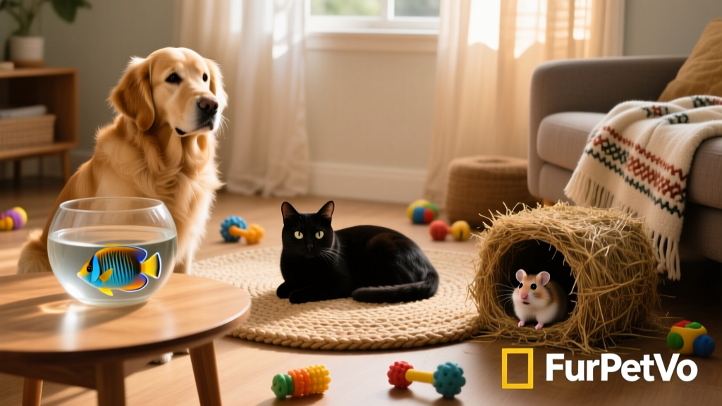 Diverse group of pets including a dog, cat, fish, and small mammal, symbolizing FurPetVo's wide-ranging coverage