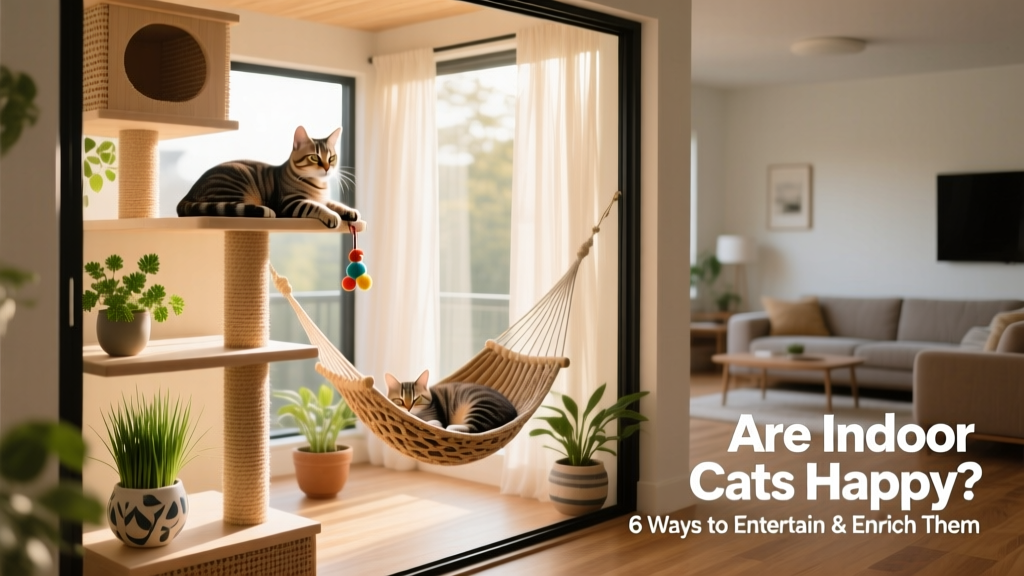 A custom-built catio attached to a home window, filled with cat trees, hammocks, and potted cat-safe plants