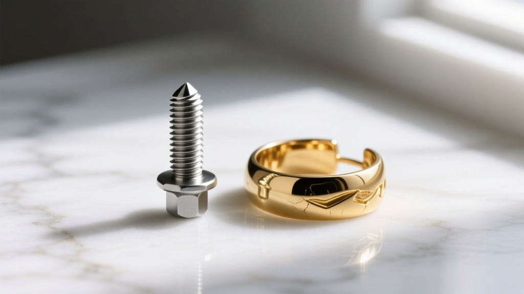 Macro shot of an ASTM F-136 titanium internally threaded nose screw beside a 14k solid gold ear cuff on a white marble surface.