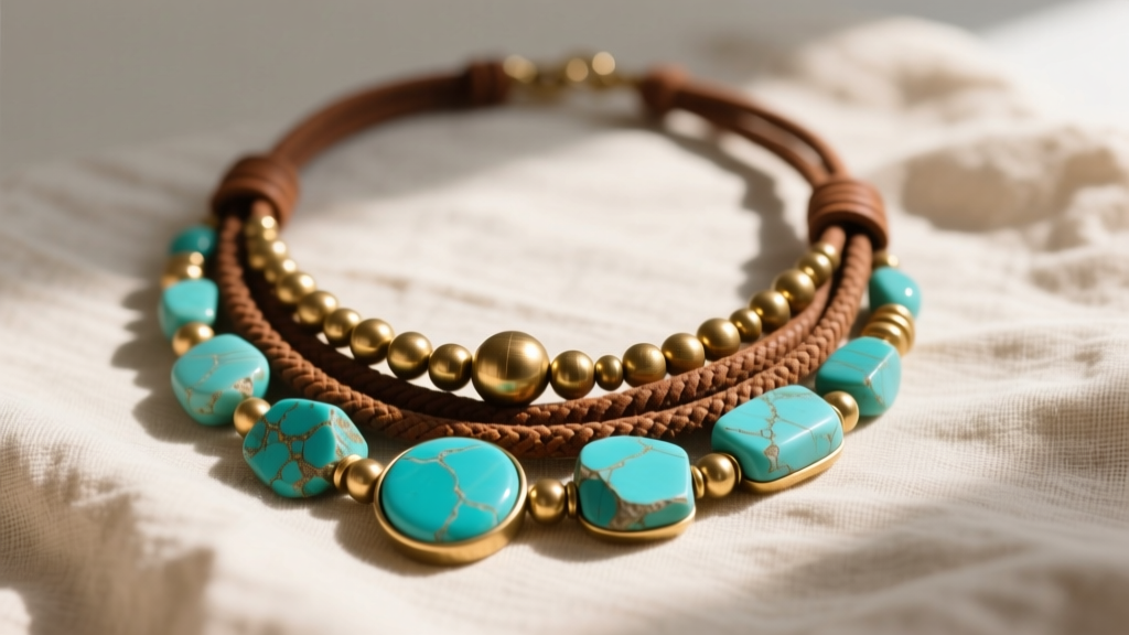 Layered boho statement necklace with raw turquoise, brass beads, and brown leather cords resting on a natural linen cloth.