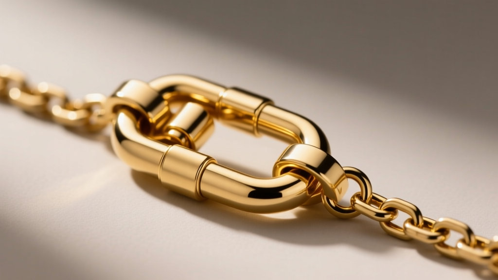 Close-up of a 14k gold-filled lobster clasp and 1.2mm rolo chain links showing the mechanical bonding layer and brass core edge