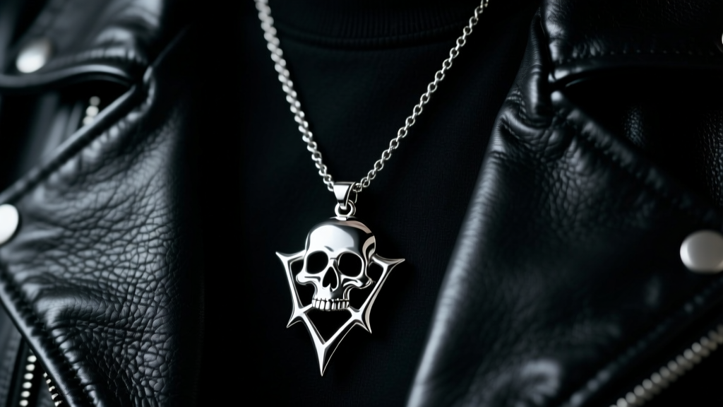 Close-up of a stainless steel twenty one pilots skeleton clique pendant necklace on a black leather jacket, moody studio lighting