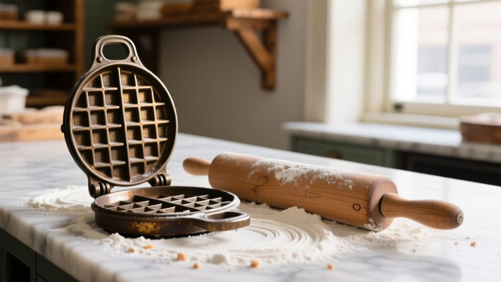 Close-up of a restored 1920s cast iron waffle iron and vintage wooden rolling pin resting on a flour-dusted marble bakery countertop